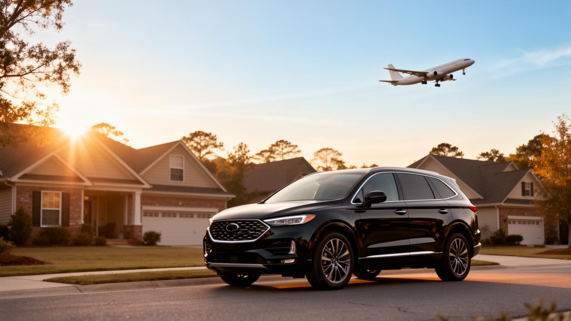 Modern SUV ready for airport transport at sunrise